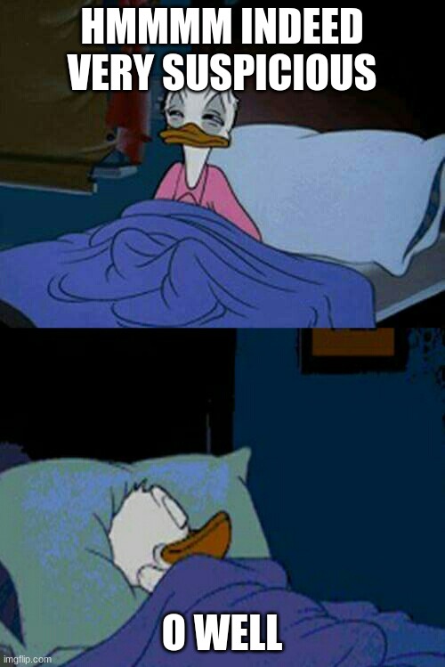 HMMMM INDEED VERY SUSPICIOUS O WELL | image tagged in sleepy donald duck in bed | made w/ Imgflip meme maker