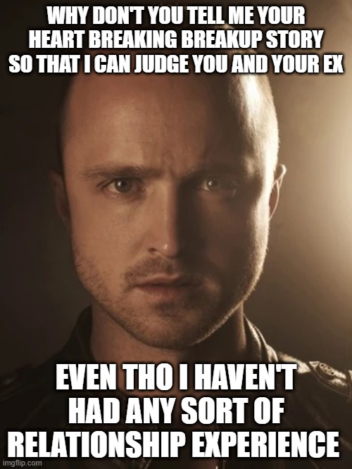 jesse pinkman | WHY DON'T YOU TELL ME YOUR HEART BREAKING BREAKUP STORY SO THAT I CAN JUDGE YOU AND YOUR EX; EVEN THO I HAVEN'T HAD ANY SORT OF RELATIONSHIP EXPERIENCE | image tagged in jesse pinkman | made w/ Imgflip meme maker