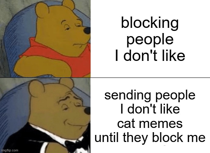 Tuxedo Winnie The Pooh | blocking people I don't like; sending people I don't like cat memes until they block me | image tagged in memes,tuxedo winnie the pooh | made w/ Imgflip meme maker