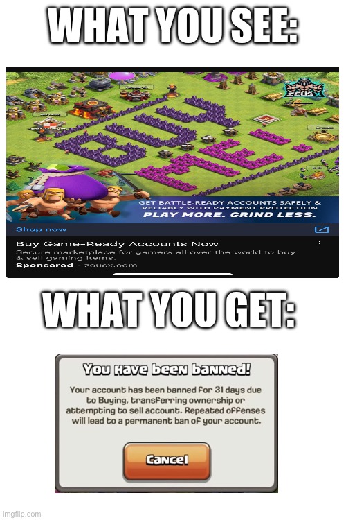 Clash of clans | WHAT YOU SEE:; WHAT YOU GET: | image tagged in blank white template,clash of clans | made w/ Imgflip meme maker