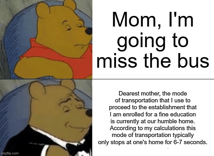 Bro spent 6-7 seconds just saying this | Mom, I'm going to miss the bus; Dearest mother, the mode of transportation that I use to proceed to the establishment that I am enrolled for a fine education is currently at our humble home. According to my calculations this mode of transportation typically only stops at one's home for 6-7 seconds. | image tagged in memes,tuxedo winnie the pooh | made w/ Imgflip meme maker
