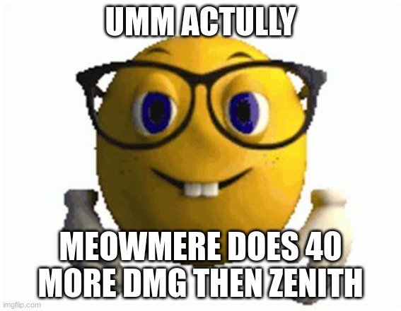 umm actually | UMM ACTULLY MEOWMERE DOES 40 MORE DMG THEN ZENITH | image tagged in umm actually | made w/ Imgflip meme maker