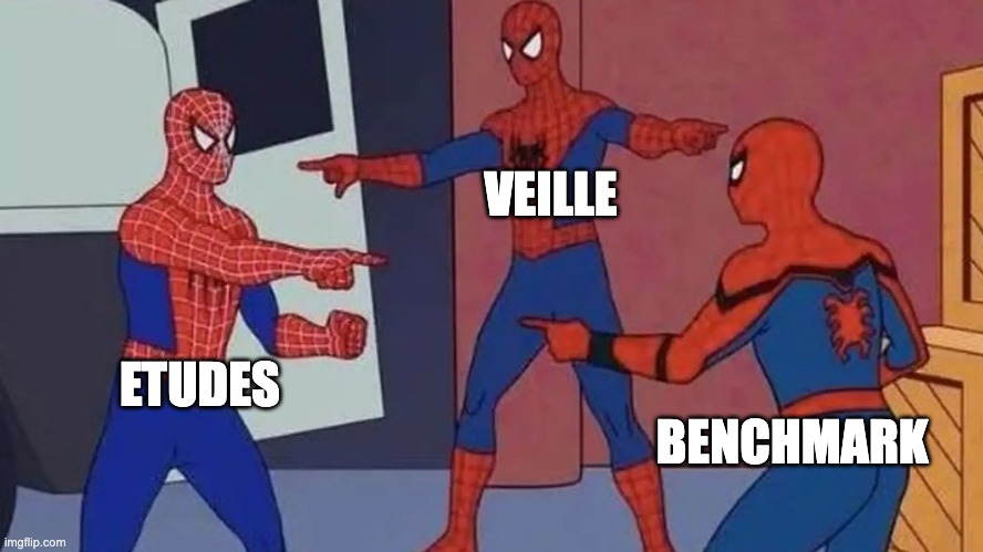 Competitive Intelligence | VEILLE; ETUDES    
                                                       BENCHMARK | image tagged in spider man triple | made w/ Imgflip meme maker