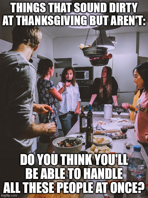 Things That Sound Dirty At Thanksgiving (Part 8) | THINGS THAT SOUND DIRTY AT THANKSGIVING BUT AREN'T:; DO YOU THINK YOU'LL BE ABLE TO HANDLE ALL THESE PEOPLE AT ONCE? | image tagged in dinner party,funny,humor,fun,double entendre | made w/ Imgflip meme maker