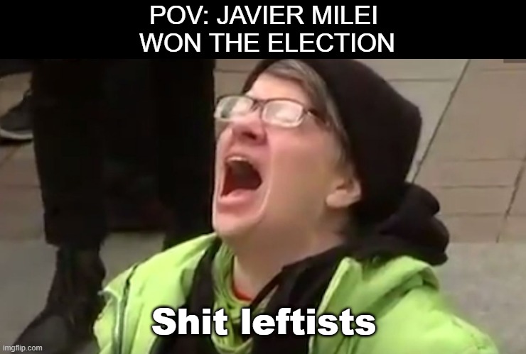 Javier Milei | POV: JAVIER MILEI
 WON THE ELECTION; Shit leftists | image tagged in screaming liberal | made w/ Imgflip meme maker