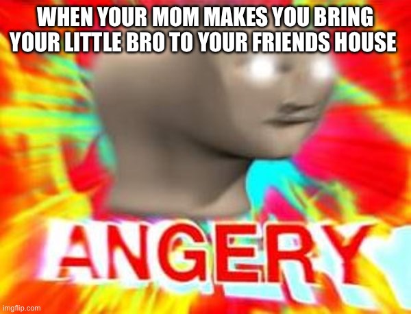 We’ve all had to do this | WHEN YOUR MOM MAKES YOU BRING YOUR LITTLE BRO TO YOUR FRIENDS HOUSE | image tagged in surreal angery | made w/ Imgflip meme maker