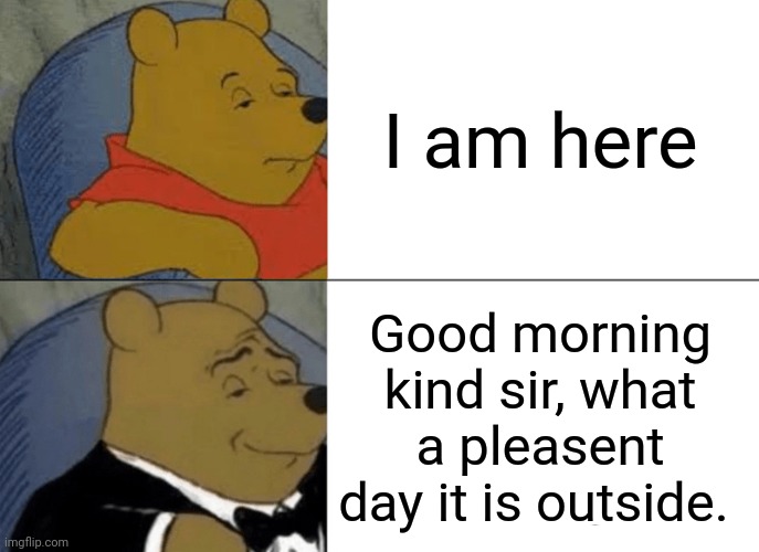 School attendence be like | I am here; Good morning kind sir, what a pleasent day it is outside. | image tagged in memes,tuxedo winnie the pooh | made w/ Imgflip meme maker