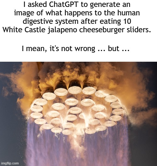 OUT IT GOES | I asked ChatGPT to generate an image of what happens to the human digestive system after eating 10 White Castle jalapeno cheeseburger sliders. I mean, it's not wrong ... but ... | image tagged in blank white template,white castle,chatgpt | made w/ Imgflip meme maker