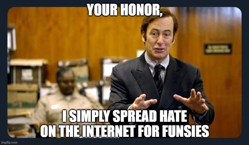Your honour | YOUR HONOR, I SIMPLY SPREAD HATE ON THE INTERNET FOR FUNSIES | image tagged in your honour | made w/ Imgflip meme maker