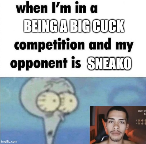 whe i'm in a competition and my opponent is | BEING A BIG CUCK; SNEAKO | image tagged in whe i'm in a competition and my opponent is | made w/ Imgflip meme maker