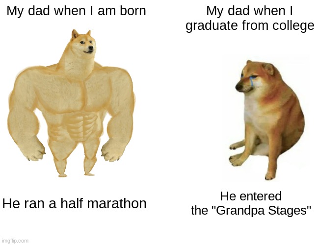 You never get to see your dad at his peak ;( | My dad when I am born; My dad when I graduate from college; He ran a half marathon; He entered the "Grandpa Stages" | image tagged in memes,buff doge vs cheems,dad | made w/ Imgflip meme maker