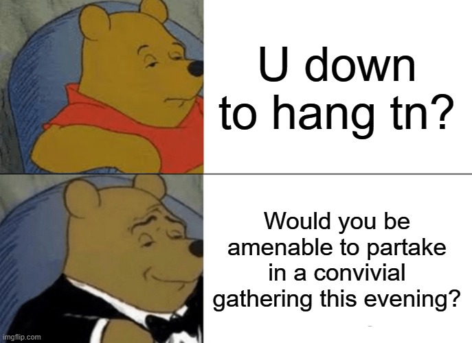 Sophistication | U down to hang tn? Would you be amenable to partake in a convivial gathering this evening? | image tagged in memes,tuxedo winnie the pooh | made w/ Imgflip meme maker