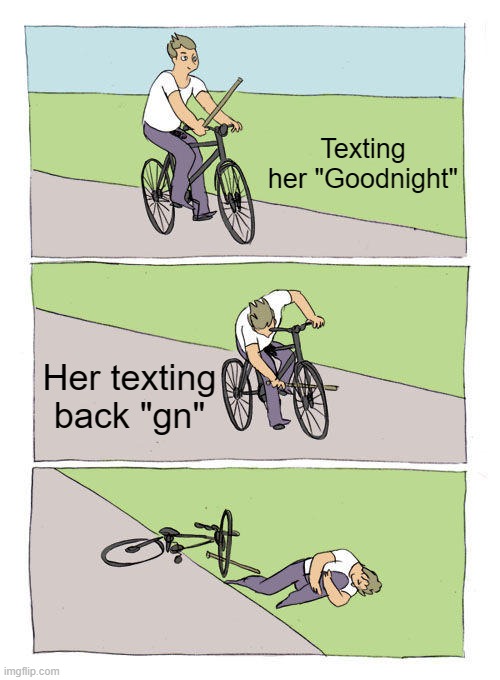 Dry ass texters fr | Texting her "Goodnight"; Her texting back "gn" | image tagged in memes,bike fall | made w/ Imgflip meme maker
