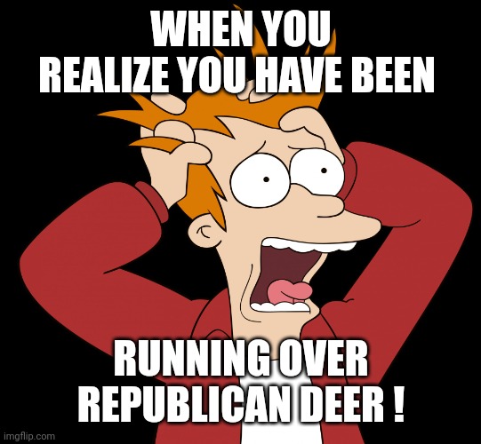 Futurama Fry Screaming | WHEN YOU REALIZE YOU HAVE BEEN RUNNING OVER REPUBLICAN DEER ! | image tagged in futurama fry screaming | made w/ Imgflip meme maker