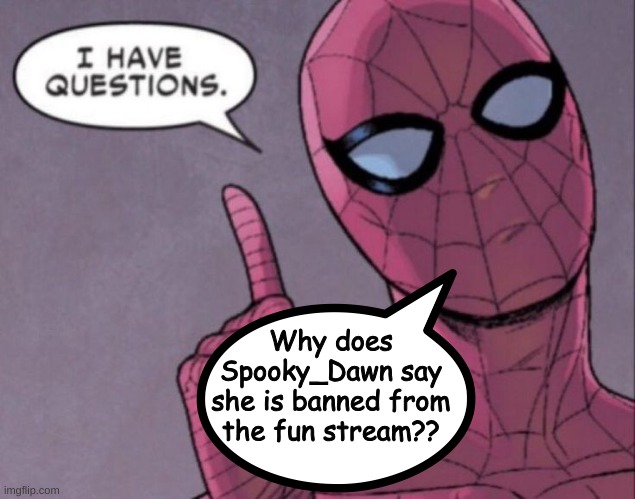 I have questions | Why does Spooky_Dawn say she is banned from the fun stream?? | image tagged in i have questions | made w/ Imgflip meme maker