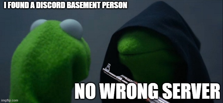Evil Kermit Meme | I FOUND A DISCORD BASEMENT PERSON; NO WRONG SERVER | image tagged in memes,evil kermit | made w/ Imgflip meme maker