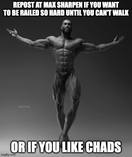 gigachad arms out | REPOST AT MAX SHARPEN IF YOU WANT TO BE RAILED SO HARD UNTIL YOU CAN'T WALK; OR IF YOU LIKE CHADS | image tagged in gigachad arms out | made w/ Imgflip meme maker
