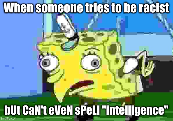 Mocking Spongebob Meme | When someone tries to be racist; bUt CaN't eVeN sPeLl "intelligence" | image tagged in memes,mocking spongebob | made w/ Imgflip meme maker