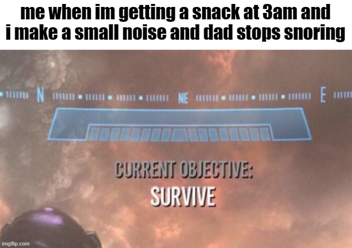 Current Objective: Survive | me when im getting a snack at 3am and i make a small noise and dad stops snoring | image tagged in current objective survive | made w/ Imgflip meme maker