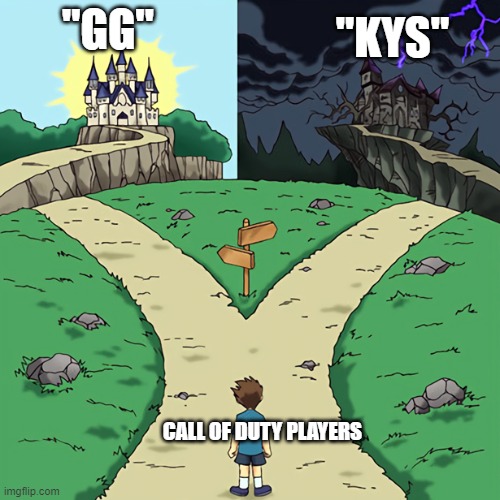 only one right answer | "GG"; "KYS"; CALL OF DUTY PLAYERS | image tagged in two castles | made w/ Imgflip meme maker