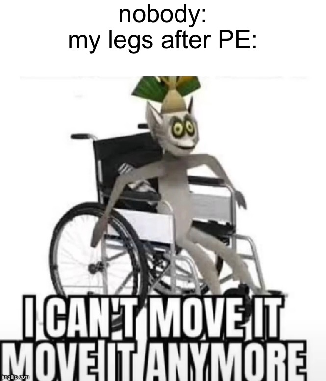 me irl | nobody:
my legs after PE: | image tagged in me irl,relatable,memes,relatable memes,ow my legs,leg pain | made w/ Imgflip meme maker