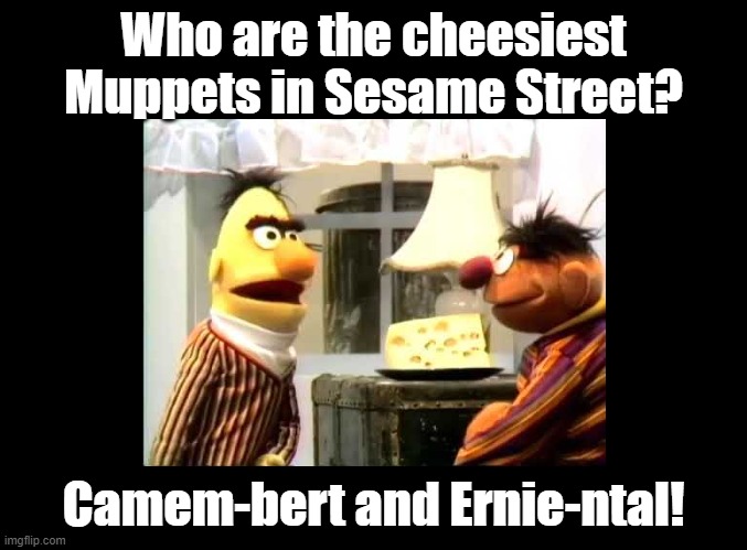 Cheesiest Muppets in Sesame Street | Who are the cheesiest Muppets in Sesame Street? Camem-bert and Ernie-ntal! | image tagged in blank black,sesame street,pun,muppets | made w/ Imgflip meme maker