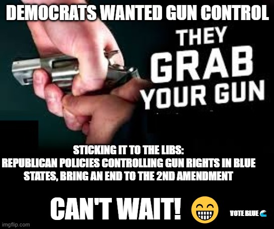 Gun Control Second Amendment | DEMOCRATS WANTED GUN CONTROL; STICKING IT TO THE LIBS:
REPUBLICAN POLICIES CONTROLLING GUN RIGHTS IN BLUE STATES, BRING AN END TO THE 2ND AMENDMENT; CAN'T WAIT! 😁; VOTE BLUE🌊 | image tagged in second amendment,2nd amendment,gun control,gun rights,republican | made w/ Imgflip meme maker