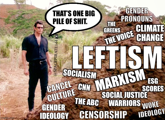 Leftism Thats One Big Pile of Shit | THAT’S ONE BIG 
PILE OF SHIT. GENDER
PRONOUNS; THE 
GREENS; CLIMATE
CHANGE; THE VOICE; LEFTISM; @SPACEPIRATE144 🏴‍☠️; SOCIALISM; MARXISM; ESG
SCORES; CANCEL
CULTURE; CNN; SOCIAL JUSTICE
WARRIORS; THE ABC; WOKE 
IDEOLOGY; GENDER 
IDEOLOGY; CENSORSHIP | image tagged in liberalism,leftism,leftistculture,left,theleft,cancelculture | made w/ Imgflip meme maker