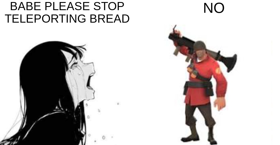 babe please | BABE PLEASE STOP TELEPORTING BREAD; NO | image tagged in babe please | made w/ Imgflip meme maker