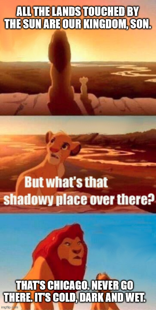 Chicago | ALL THE LANDS TOUCHED BY THE SUN ARE OUR KINGDOM, SON. THAT'S CHICAGO. NEVER GO THERE. IT'S COLD, DARK AND WET. | image tagged in memes,simba shadowy place | made w/ Imgflip meme maker