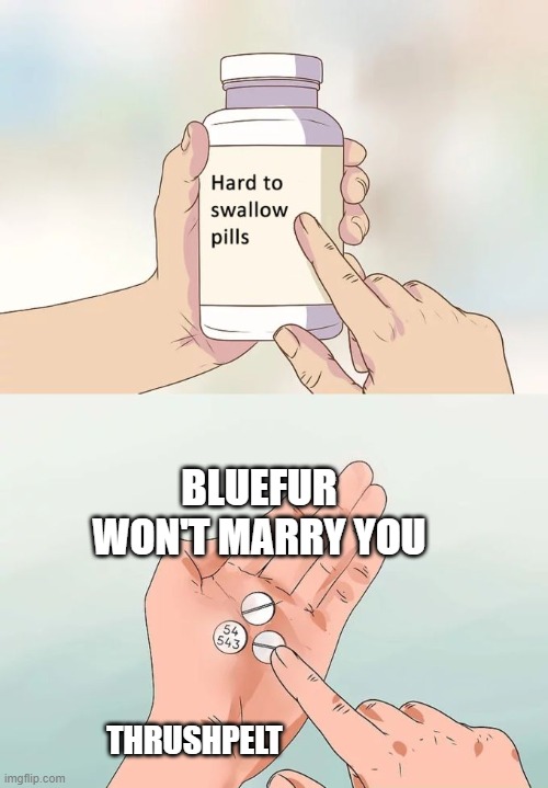 Hard To Swallow Pills Meme | BLUEFUR WON'T MARRY YOU; THRUSHPELT | image tagged in memes,hard to swallow pills | made w/ Imgflip meme maker