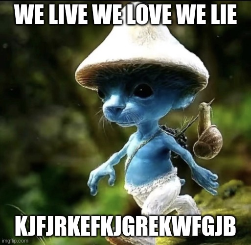 Blue Smurf cat | WE LIVE WE LOVE WE LIE; KJFJRKEFKJGREKWFGJB | image tagged in blue smurf cat | made w/ Imgflip meme maker
