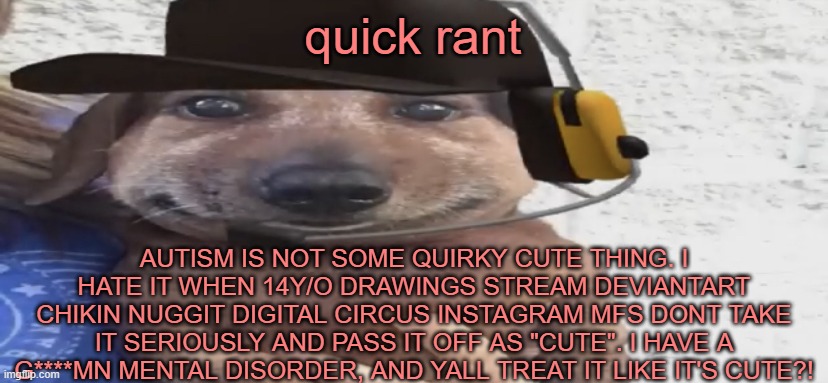 chucklenuts | quick rant; AUTISM IS NOT SOME QUIRKY CUTE THING. I HATE IT WHEN 14Y/O DRAWINGS STREAM DEVIANTART CHIKIN NUGGIT DIGITAL CIRCUS INSTAGRAM MFS DONT TAKE IT SERIOUSLY AND PASS IT OFF AS "CUTE". I HAVE A G****MN MENTAL DISORDER, AND YALL TREAT IT LIKE IT'S CUTE?! | image tagged in chucklenuts | made w/ Imgflip meme maker