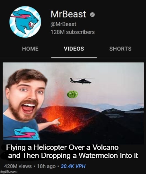 MrBeast thumbnail template | Flying a Helicopter Over a Volcano
 and Then Dropping a Watermelon Into it | image tagged in mrbeast thumbnail template | made w/ Imgflip meme maker