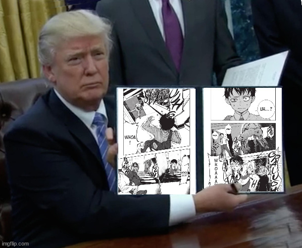 Trump drawing manga | image tagged in memes,trump bill signing,manga,zom 100 | made w/ Imgflip meme maker