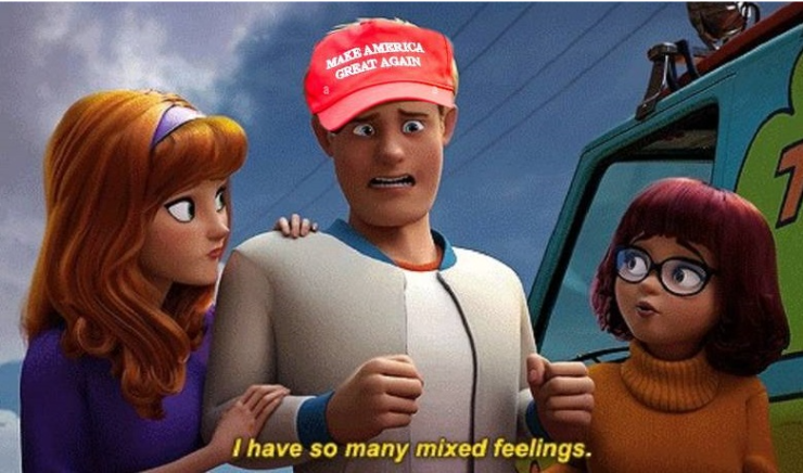 High Quality FRED FROM SCOOBY DOO, MIXED FEELINGS IN A MAGA HAT Blank Meme Template