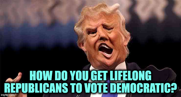 He's crazy. | HOW DO YOU GET LIFELONG REPUBLICANS TO VOTE DEMOCRATIC? | image tagged in trump on acid making just as little sense,trump,crazy,senile,old,senior | made w/ Imgflip meme maker