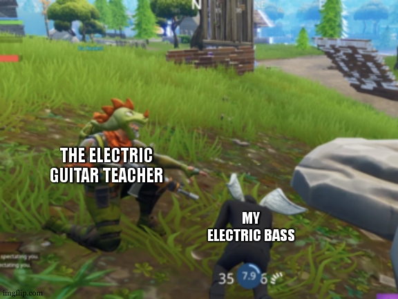 My bro's electric guitar teacher's gonna repair the broken cord of my bass tomorrow :D | THE ELECTRIC GUITAR TEACHER; MY ELECTRIC BASS | image tagged in revive | made w/ Imgflip meme maker