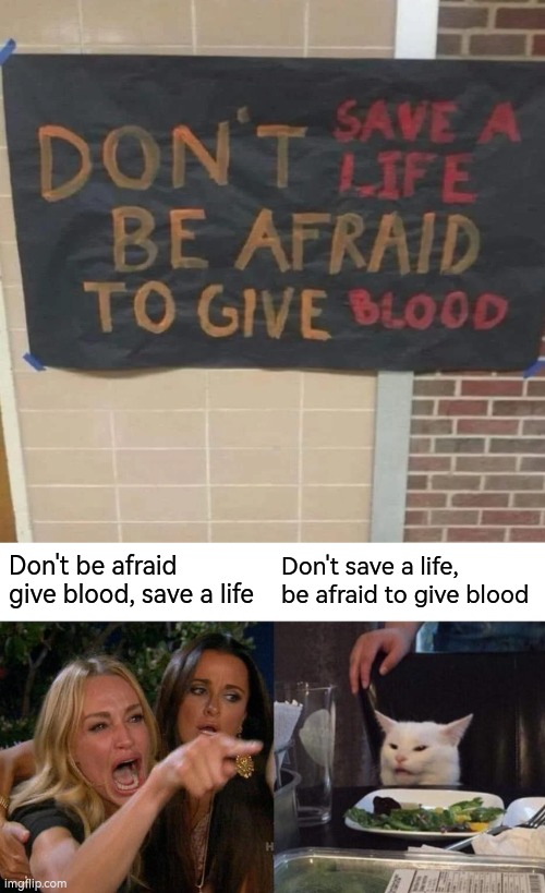 Don't be afraid give blood, save a life; Don't save a life, be afraid to give blood | image tagged in memes,woman yelling at cat | made w/ Imgflip meme maker