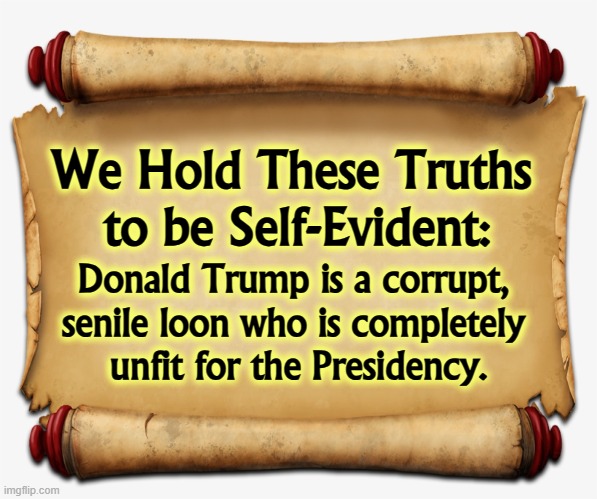 We Hold These Truths 
to be Self-Evident:; Donald Trump is a corrupt, 
senile loon who is completely 
unfit for the Presidency. | image tagged in trump,the truth,corrupt,senile,crazy,trump unfit unqualified dangerous | made w/ Imgflip meme maker