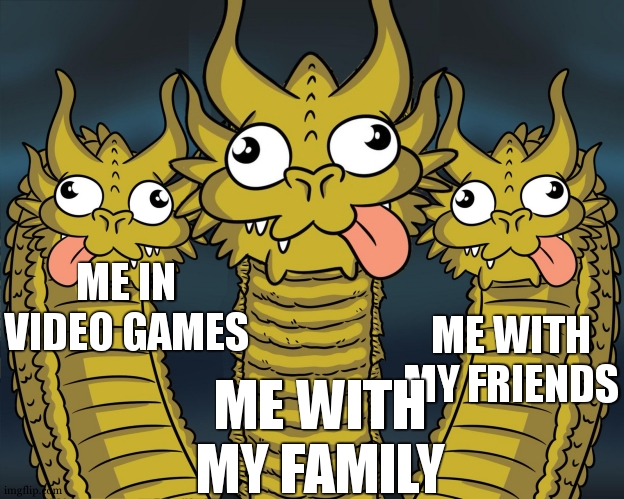 Three Headed Dragon | ME IN VIDEO GAMES ME WITH MY FRIENDS ME WITH MY FAMILY | image tagged in three headed dragon | made w/ Imgflip meme maker