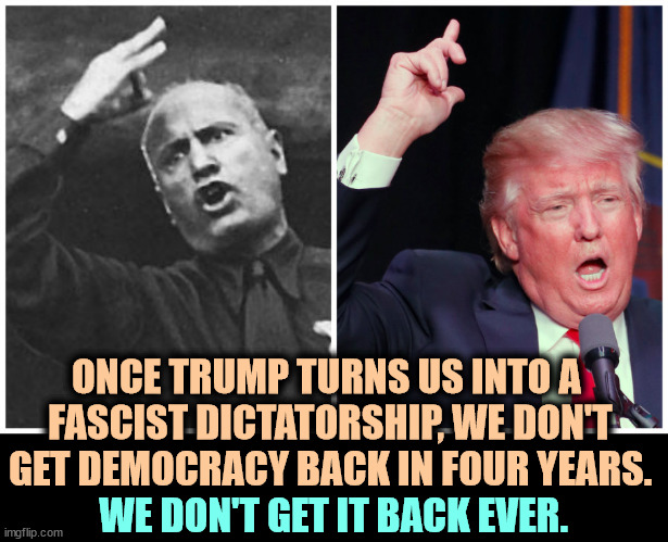 It won't matter who you vote for, because Donald will be counting the ballots. | ONCE TRUMP TURNS US INTO A 
FASCIST DICTATORSHIP, WE DON'T GET DEMOCRACY BACK IN FOUR YEARS. WE DON'T GET IT BACK EVER. | image tagged in /users/michaelmartin4/desktop/trump-mussolini-resized jpgtrump-m,mussolini,trump,fascist,dictator,forever | made w/ Imgflip meme maker