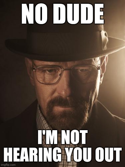 Walter White | NO DUDE I'M NOT HEARING YOU OUT | image tagged in walter white | made w/ Imgflip meme maker