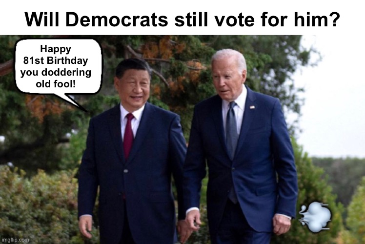 A vote for Biden is actually a vote for Kamala | Will Democrats still vote for him? Happy 81st Birthday you doddering old fool! | image tagged in xi biden | made w/ Imgflip meme maker