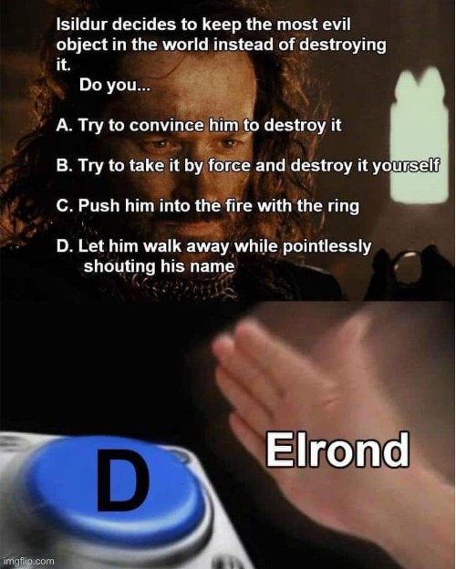 What do you do Elrond? | image tagged in lotr,memes funny,memes,funny meme,lord of the rings,cast it into the fire | made w/ Imgflip meme maker