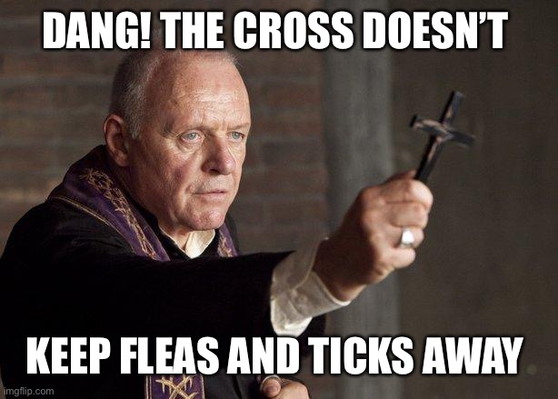 Priest | DANG! THE CROSS DOESN’T KEEP FLEAS AND TICKS AWAY | image tagged in priest | made w/ Imgflip meme maker
