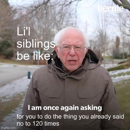 Bernie I Am Once Again Asking For Your Support Meme | Li'l siblings be like:; for you to do the thing you already said 
no to 120 times | image tagged in memes,bernie i am once again asking for your support | made w/ Imgflip meme maker