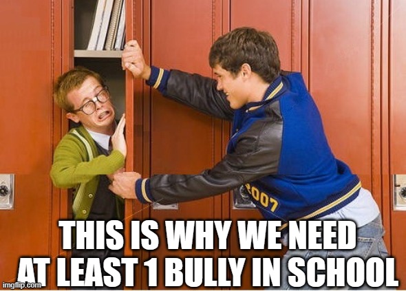 bully shoving nerd into locker | THIS IS WHY WE NEED AT LEAST 1 BULLY IN SCHOOL | image tagged in bully shoving nerd into locker | made w/ Imgflip meme maker