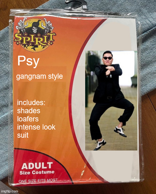 Spirit Halloween | Psy gangnam style includes:
shades
loafers
intense look
suit | image tagged in spirit halloween | made w/ Imgflip meme maker
