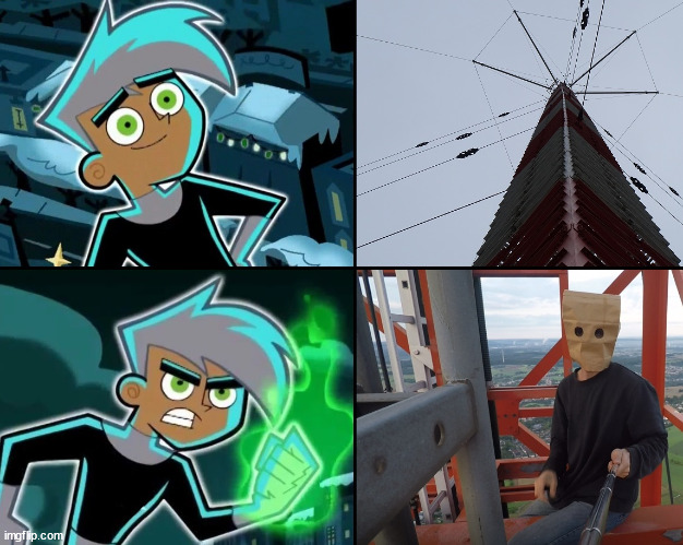 Danny and langdon cobb | image tagged in danny phantom,ghost,lattice climbing,baghead,tower,template | made w/ Imgflip meme maker